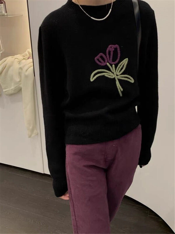 【ARE YOU】Comfortable and warm sweater with round neck color block pullover 665# L