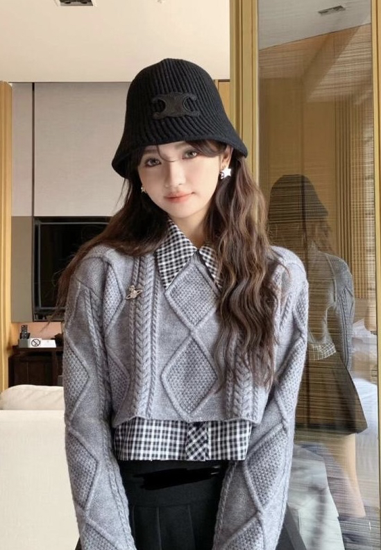 [JH] Pullover + Plaid Shirt + Pleated Skirt Set 43279# PCZ