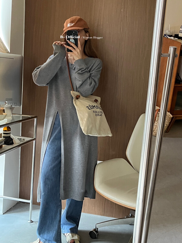 【B Plus】Early autumn simple atmospheric commuter slit knit dress 22-8164-2# FHX