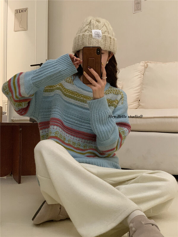 [HEY BELLA] Round neck striped loose comfortable pullover warm sweater B9797# L