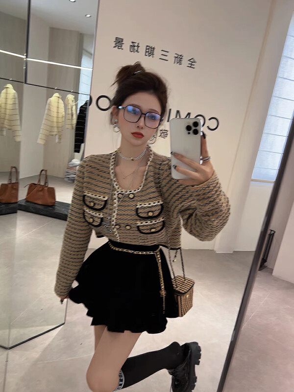 [Blue Show] Short Knitted Cardigan with Retro Fragrance Style 7688# LSW
