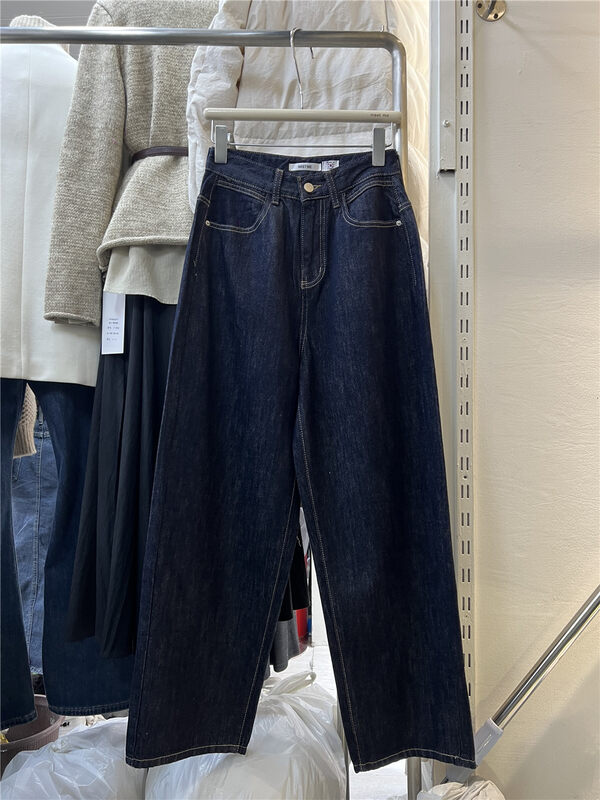 【MEET ME】High Waist Plus Fleece Wide Leg Loose Jeans 61593# L