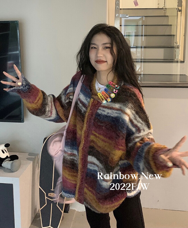 【RAINBOW】Retro color smudged gradient cardigan warm sweater (loose niche design knitting) YS1-700-# FHX
