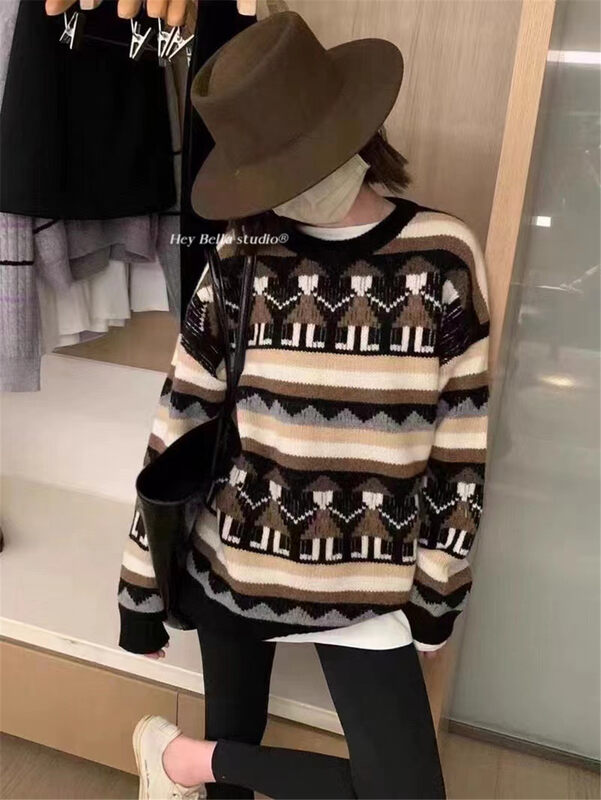 【HEY BELLA】Ethnic style color contrast round neck pullover warm sweater B9733# L