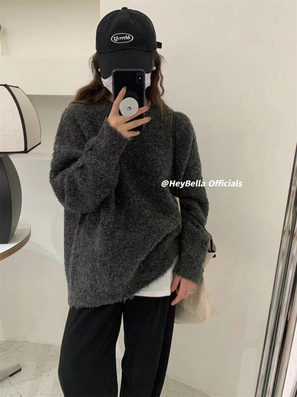 【HEY BELLA】Solid color round neck loose pullover warm sweater B9961# L