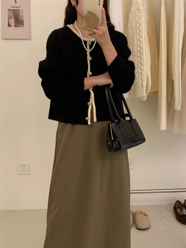 【ARE YOU】Single-breasted color matching comfortable knitted cardigan 608# L