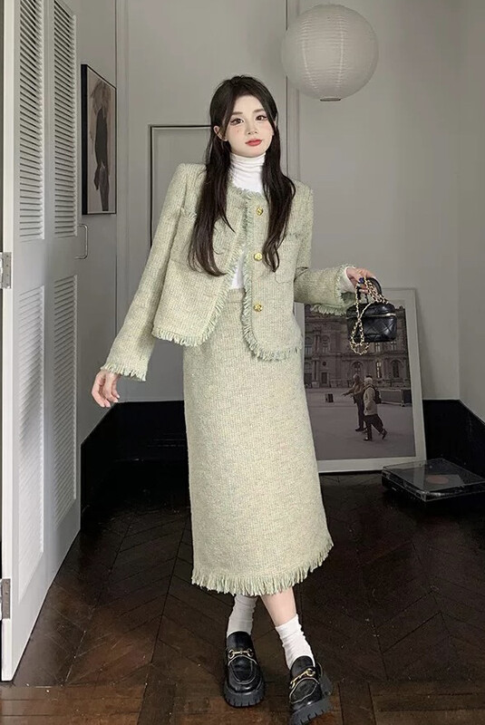 【JH】Xiaoxiangfeng Contrasting Color Short Jacket + High Waist Slim Skirt Two-piece Suit 43226# PCZ