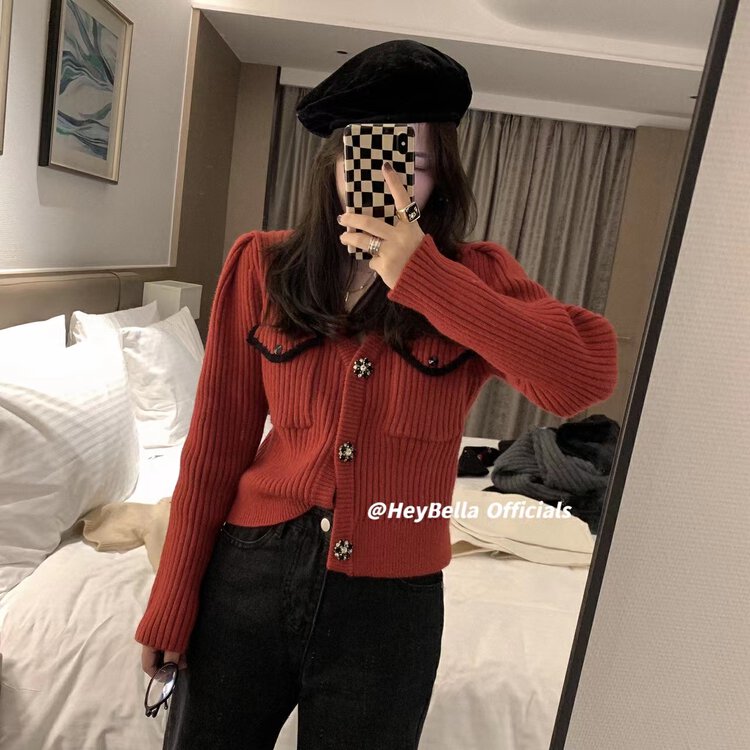 【HEY BELLA】V-neck single-breasted color matching comfortable knitted cardigan H5436# L