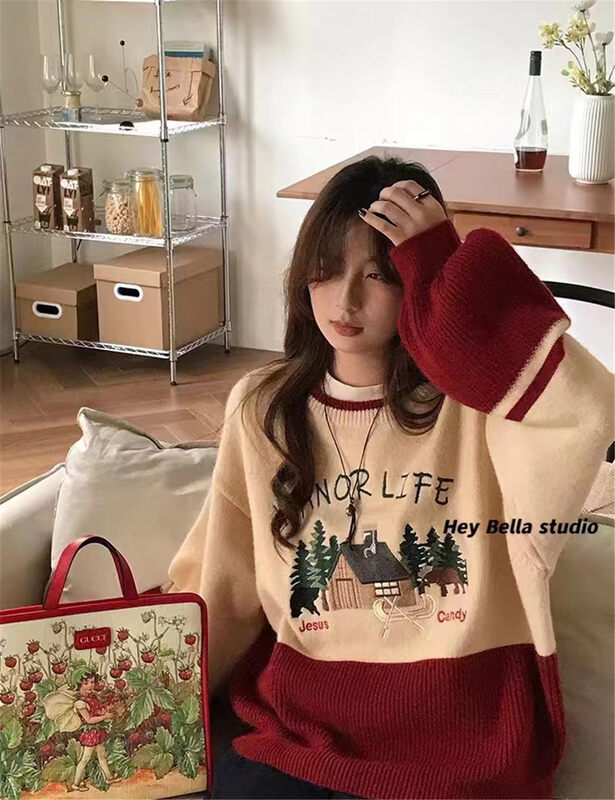 【HEY BELLA】Round neck color-block fashion all-match warm sweater (sweater only) B9956# L