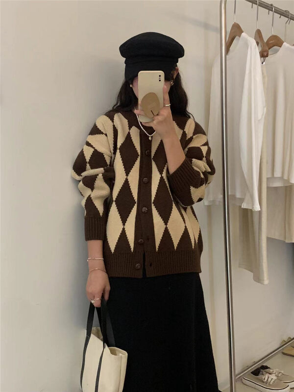 【ARE YOU】Diamond Round Neck Versatile Cardigan Warm Sweater 761# L