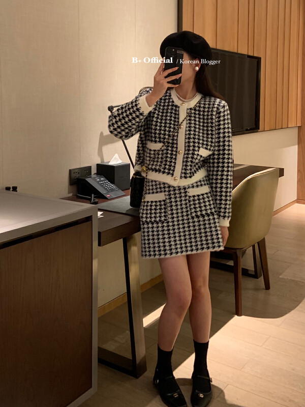 【B plus】Korean fresh and age-reducing girl feeling houndstooth thickened suit 22-8659-2