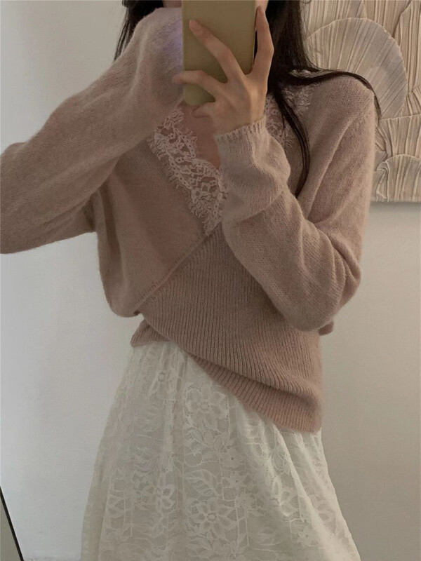 【MK】V-neck versatile lace warm sweater D211# HJY