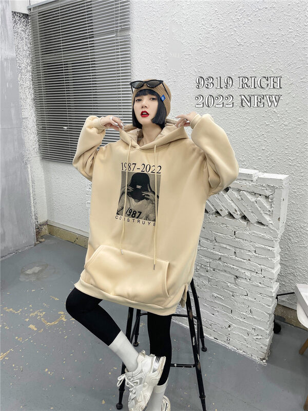 【9319】Hooded mid-length plus fleece comfortable pullover sweater 20005# L