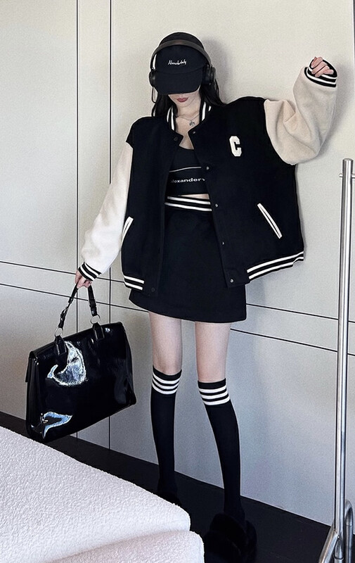 【JH】Letter flocking color contrast short jacket + casual skirt two-piece suit 43280# PCZ