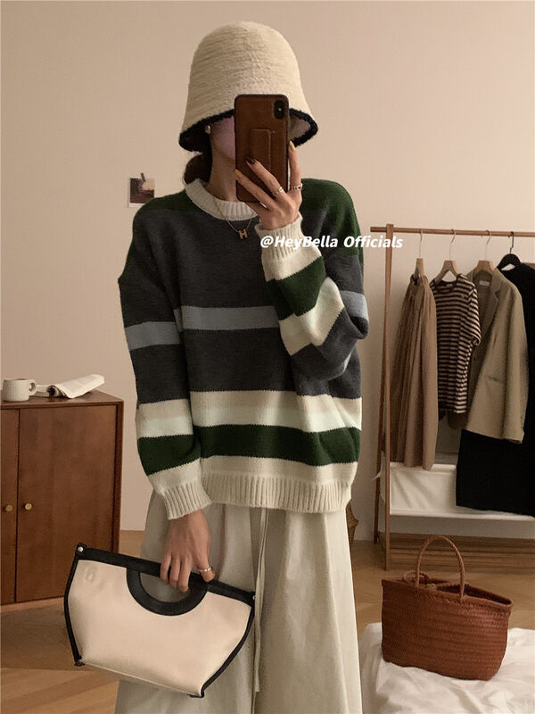 【HEY BELLA】Striped long-sleeved all-match warm sweater B9737# L