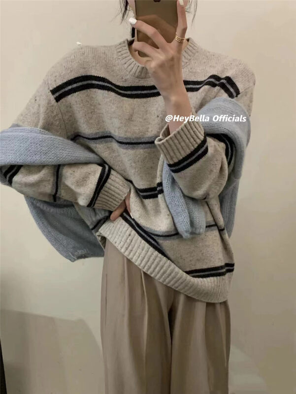 【HEY BELLA】Striped Versatile Korean Warm Sweater 2988# L