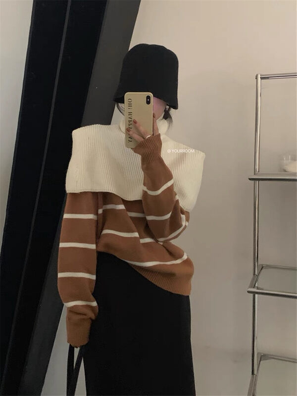 【ARE YOU】Striped comfortable and versatile slimming warm sweater (with shawl) YS2-787# L