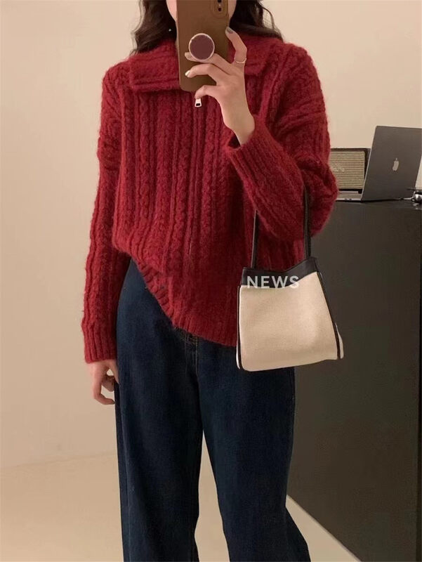 [ARE YOU] Zipper Loose Solid Color Comfortable Versatile Warm Sweater YS3-867# L