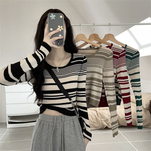 Chic and stunning knitted sweater early autumn women's American style retro striped thin temperament celebrity all-match bottoming shirt top clothes