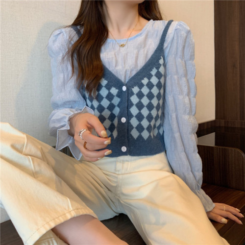 Real price real price literary retro design rhombus plaid knitted suspenders + all-match shirt two-piece set