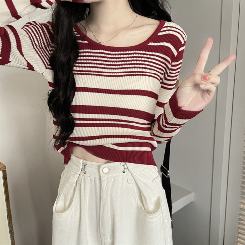 Chic and stunning knitted sweater early autumn women's American style retro striped thin temperament celebrity all-match bottoming shirt top clothes