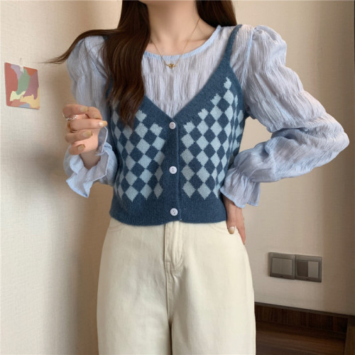Real price real price literary retro design rhombus plaid knitted suspenders + all-match shirt two-piece set