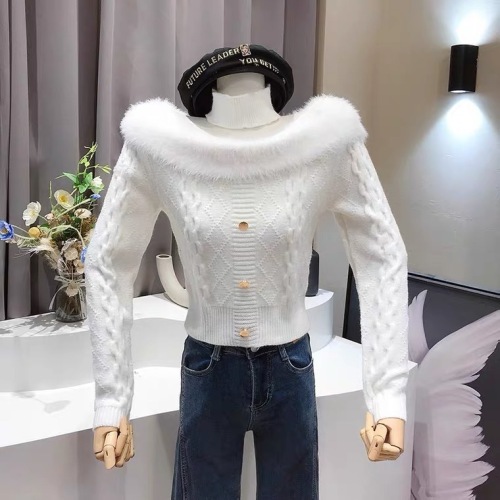 Internet celebrity Xiaoxiang wind plush splicing one-neck twist-knit sweater top women's 2022 winter long-sleeved slim bottoming