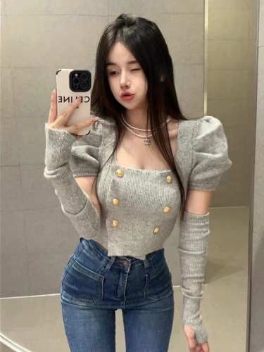 Xiaoxiang style knitted sweater with sleeves women's autumn new high-end sense of self-cultivation and thin puff sleeve short sweater