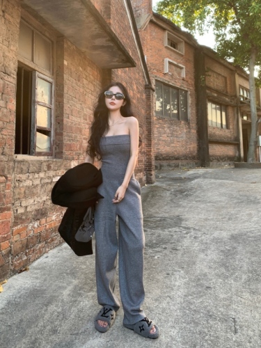 Real price ins Western-style knitted tube top slim jumpsuit lazy casual wide-leg pants
