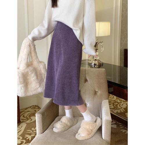 Plush thickened skirt women's autumn and winter 2022 new mid-length high waist slimming slit A-line winter skirt