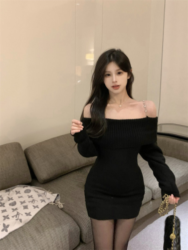 Real price real shot Autumn and winter new one-word collar slim-fit knitted dress temperament sweater bag hip skirt