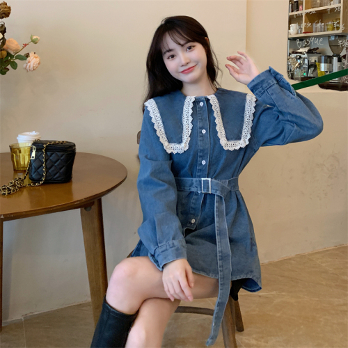 Real shot of the new lace doll collar long-sleeved shirt denim dress with belt S-5XL200 catties
