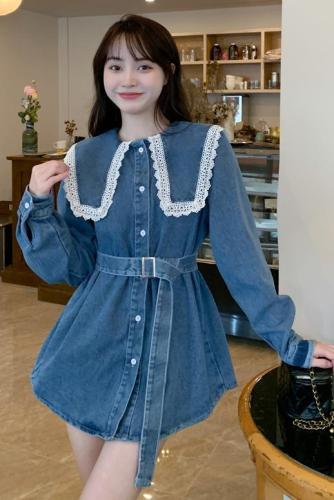 Real shot of the new lace doll collar long-sleeved shirt denim dress with belt S-5XL200 catties