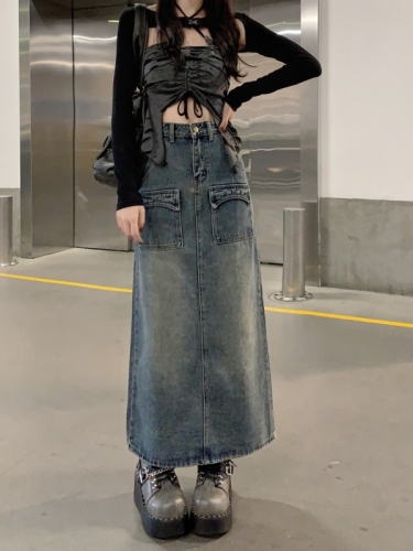 Real shot real price# Mid-length A-line denim skirt new high waist bag hip long skirt