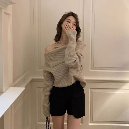 Delicate little woman/French one-shoulder niche lazy style big lapel loose sweater women