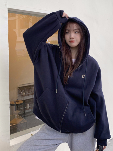 2023 Winter New Korean Style Loose Embroidered Letter Cardigan Hooded Sweater Women's Zipper Jacket