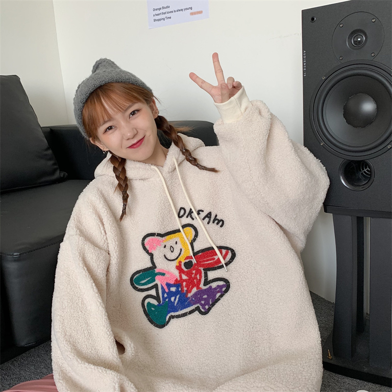 Real shot lambskin bear Hooded Sweater loose Korean autumn and winter top