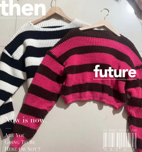 Lazy style pink striped sweater women 2022 autumn and winter loose splicing design pullover long-sleeved sweater top tide