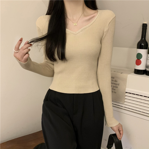 Real shot real price temperament V-neck self-cultivation all-match long-sleeved inner knitted bottoming shirt T-shirt top women