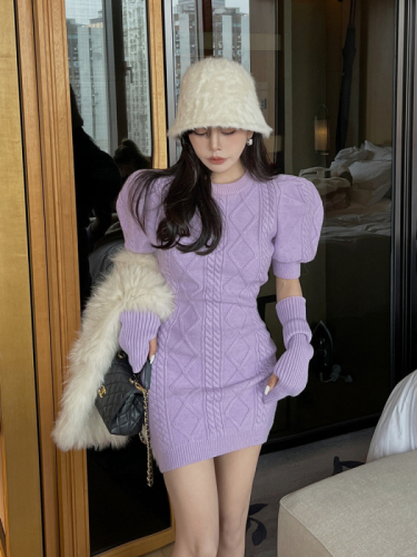 ALA autumn and winter new slim fit retro puff sleeve twist knitted dress air bag hip skirt with sleeves