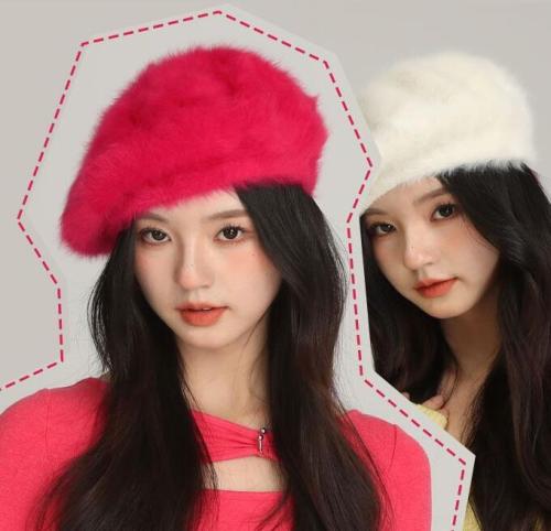 Rose red beret big head circumference white rabbit fur beret women 2022 explosion style autumn and winter plush hat furry