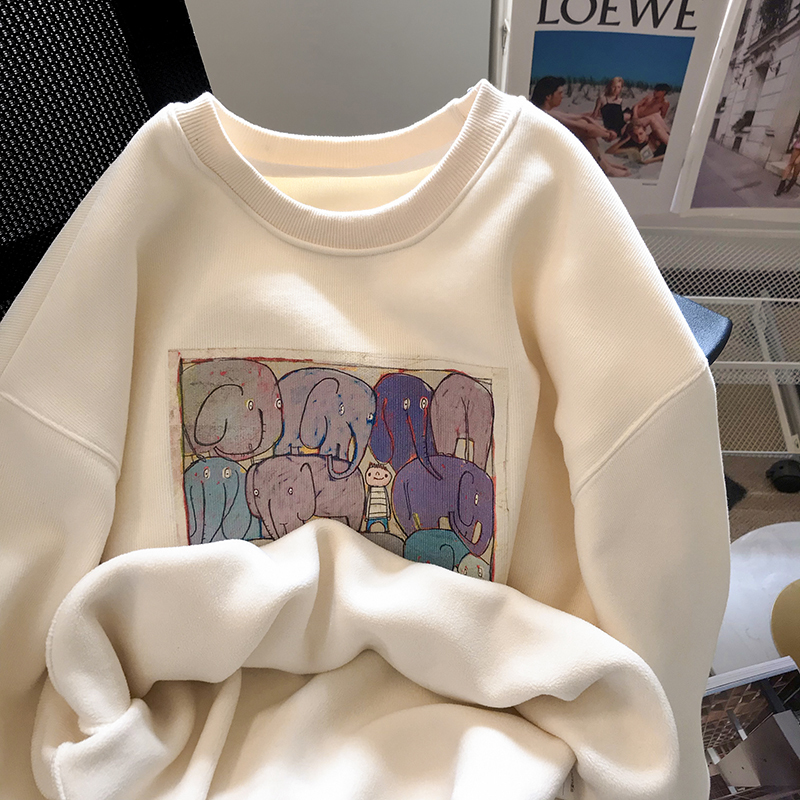 Cartoon elephant print fleece sweater women's 2022 autumn and winter new loose casual all-match pullover top