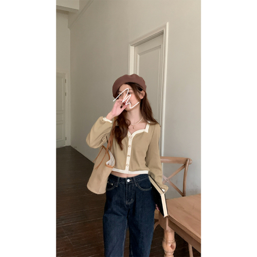 Cardigan short top women's spring and autumn new long-sleeved t-shirt loose lazy wind bottoming shirt fu ancient coat tide