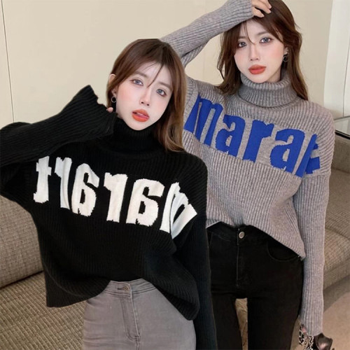 Lazy wind turtleneck sweater sweet Korean style pullover straight loose top small design letter sweater