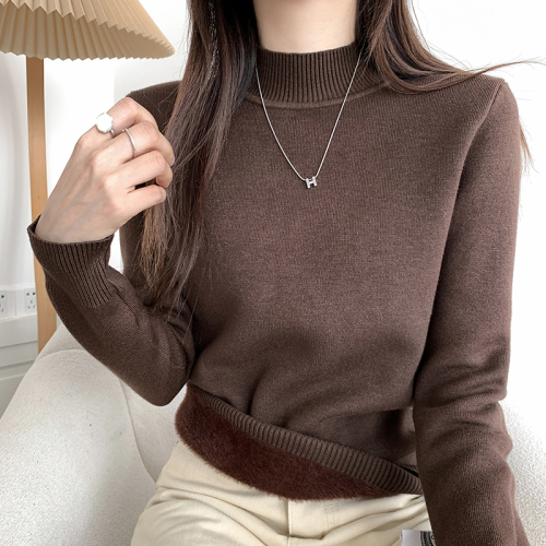 Real shot autumn and winter new style plus velvet thick bottoming sweater women's integrated mink velvet half-high collar knitted sweater