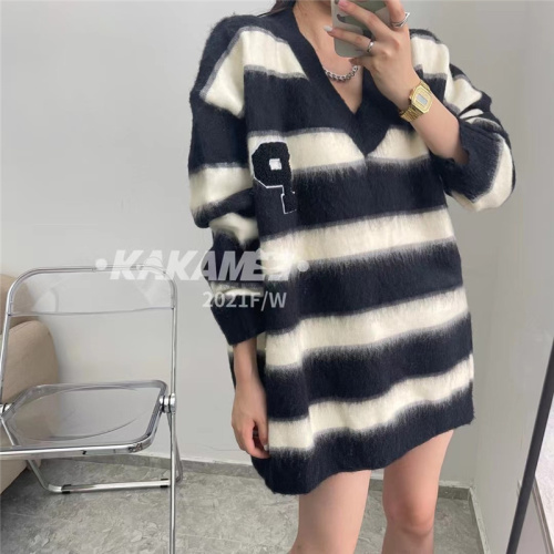 Autumn and winter new mohair striped sweater women's loose outerwear mid-length V-neck knitted top