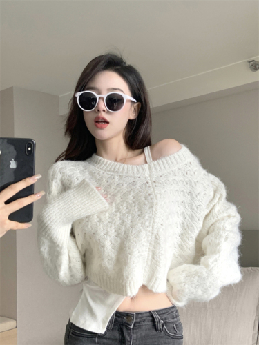 2022 new lazy style soft glutinous waxy loose pullover long-sleeved sweater sweater short round neck top for outerwear