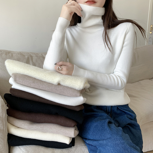 Real shot autumn and winter new style plus velvet thick bottoming sweater women's integrated mink velvet half-high collar knitted sweater