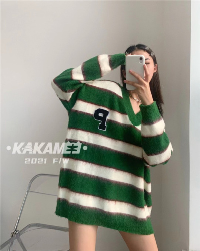 Autumn and winter new mohair striped sweater women's loose outerwear mid-length V-neck knitted top