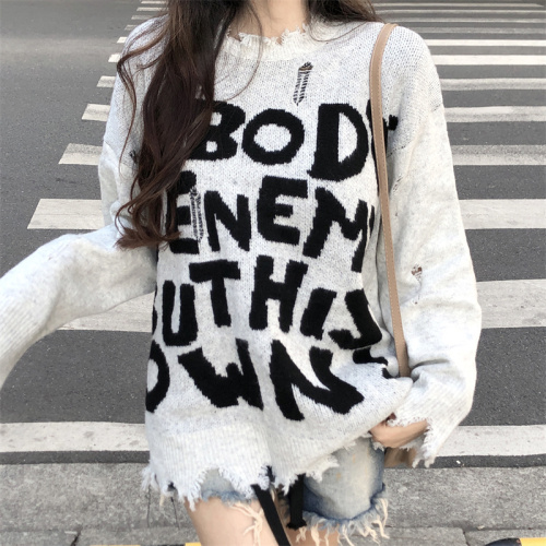 Real shot American-style ripped sweater women's autumn and winter design letters loose mid-length long-sleeved sweater top tide